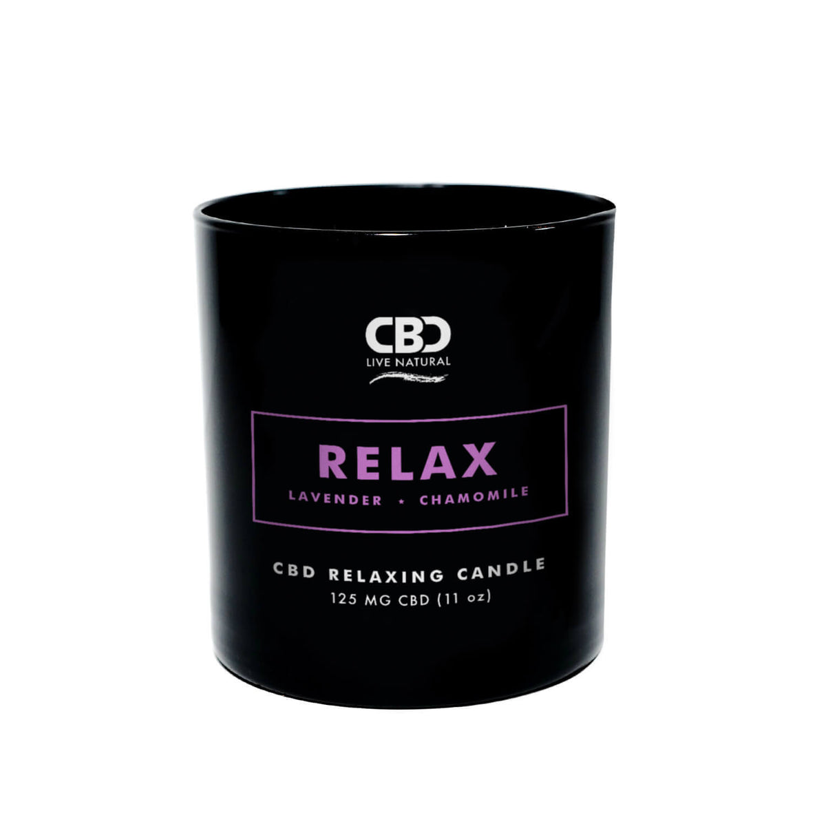 The RELAX Aromatherapy Candle 11oz by CBD Live Natural features a black jar with lavender and chamomile scent, contains 125mg CBD, and is perfect for soothing aromatherapy and unwinding.