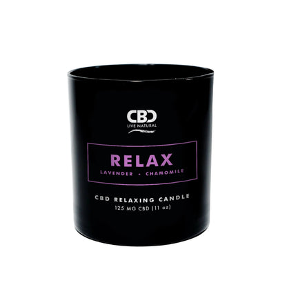 The RELAX Aromatherapy Candle 11oz by CBD Live Natural features a black jar with lavender and chamomile scent, contains 125mg CBD, and is perfect for soothing aromatherapy and unwinding.