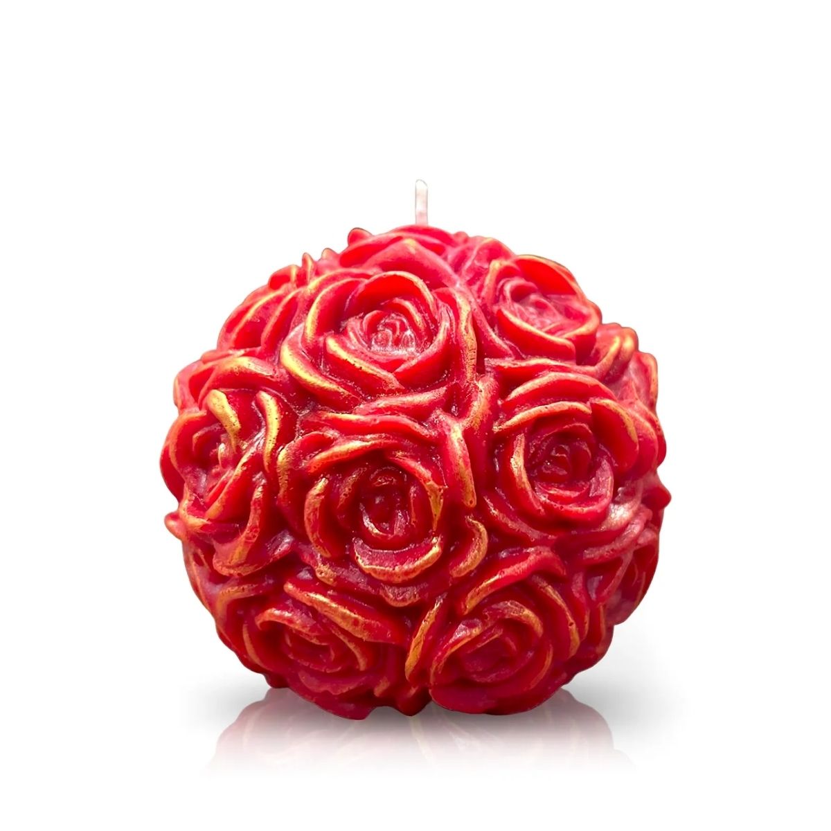 Gold Shimmer - Red Rose Candle: A round, red candle shaped like clustered roses with gold accents. Displayed on a white background, it makes an elegant gift.