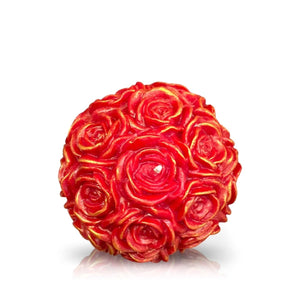 Gold Shimmer - Red Rose Candle: A round red candle with intricate rose patterns and elegant gold accents, beautifully presented against a white background.