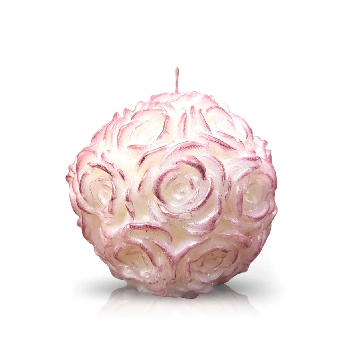The Pink Shimmer - White Rose Candle is a round, hand-poured candle with a textured surface resembling pink and white roses, shown upright on a white background.
