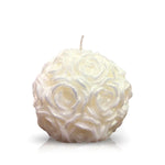 The Silver Shimmer - White Rose Candle features a round design with a textured surface resembling clustered white roses.