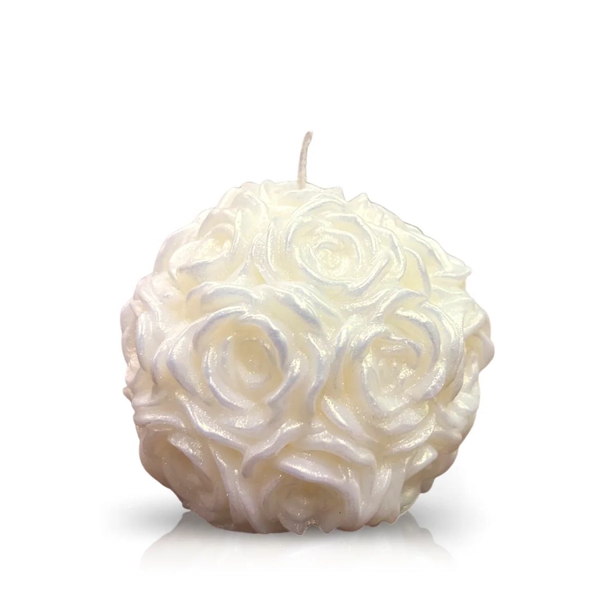 The Silver Shimmer - White Rose Candle features a round design with a textured surface resembling clustered white roses.