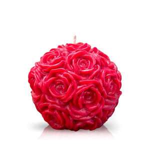 The Solid Red Rose Candle is a round, hand-poured red candle with sculpted rose designs, photographed on a white background, and fills your space with a delicate rose fragrance.