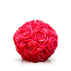 The Solid Red Rose Candle is a round, hand-poured candle resembling a cluster of roses with a single wick on top, displayed against a white background.