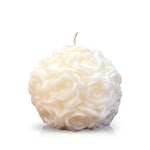 The Solid White Rose Candle is a hand-poured, spherical candle featuring detailed rose flower designs over its surface, shown against a white background.