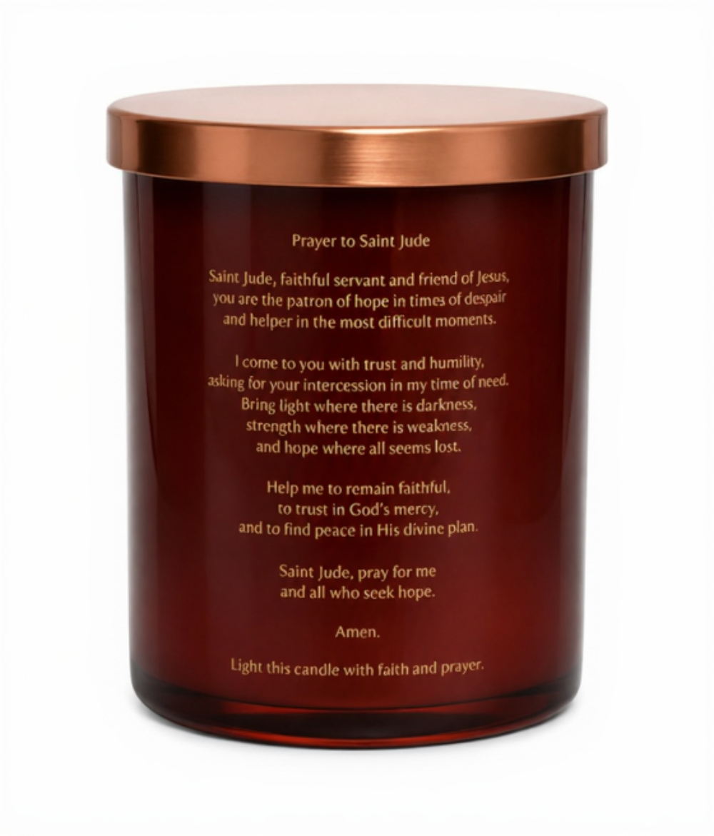 Candle with a copper lid and text on a white background