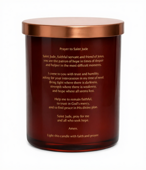 Candle with a copper lid and text on a white background