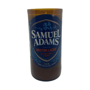 The Recycled Boston Beer Candle is crafted from a brown Samuel Adams Boston Lager bottle with its original blue and white label, transformed into a unique hand-poured candle.