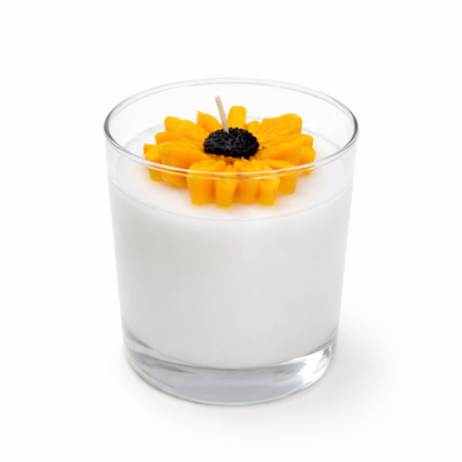 Glass Container Candle with a wax moulded sunflower on top