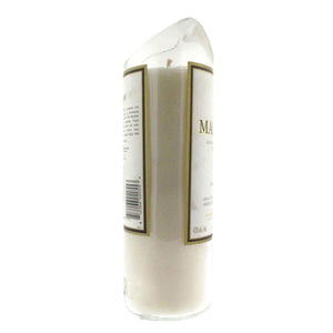 The Recycled Highland Scotch Whiskey Candle is a white pillar candle in a clear, slant-topped glass made from upcycled whiskey bottles, featuring a barcode and label on the side.