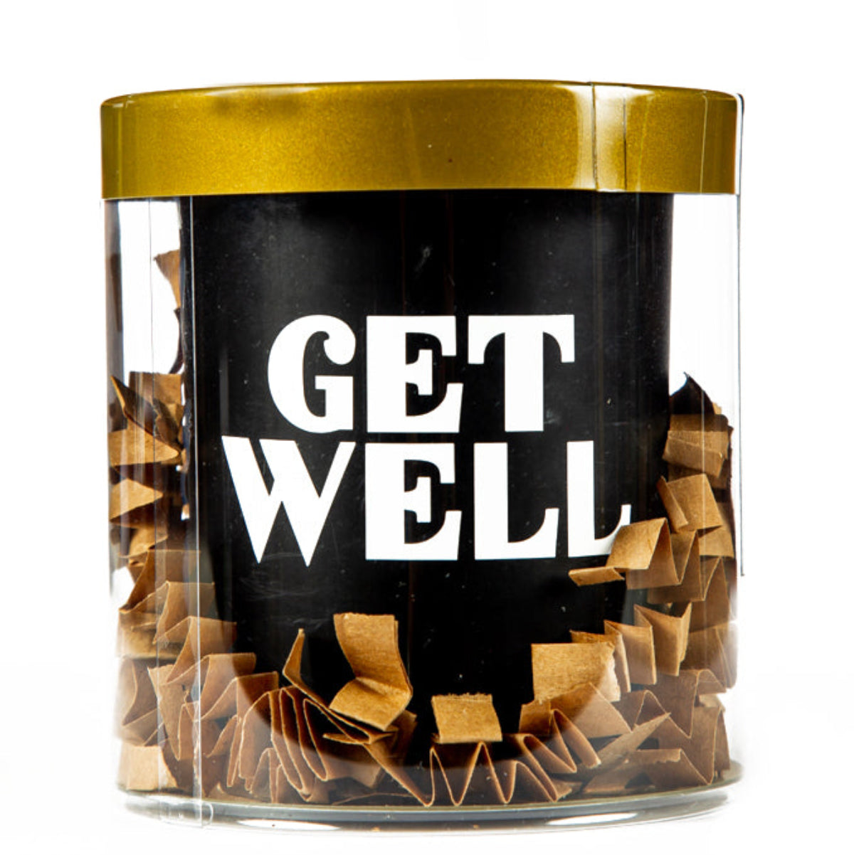 The "Get Well" Candle Gift Box Set features a natural wax candle with "GET WELL" in bold white letters on a black label, placed in a clear container with a gold lid and brown paper shreds—an ideal thoughtful gift.