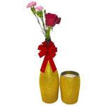 The Valentine’s Luxourious Gift Set – Gold Diamond set features a gold diamond vase with a red bow holding pink and red flowers, paired with a matching gold tumbler-style container—an elegant gift for Valentine’s Day.