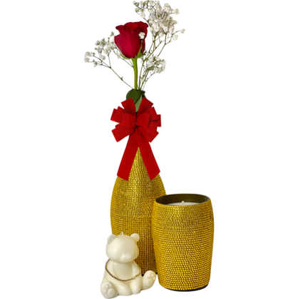 The Valentines Luxourious Gift Set – Gold Diamond set features a gold diamond vase with a red rose, white baby's breath, and red bow, paired with a gold cup and a white bear figurine wearing a gold necklace—an elegant gift ensemble.