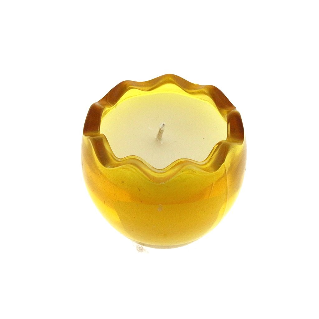 The Yellow Glass Easter Egg is a yellow glass candle holder with a wavy rim, featuring an egg-shaped natural wax candle and visible wick.