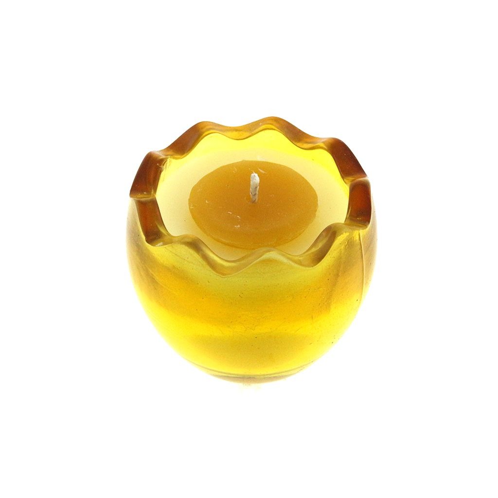 Yellow Glass Easter Egg w/ Yoke: A yellow round glass candle holder featuring a matching egg-shaped natural wax candle, viewed from above on a white background.