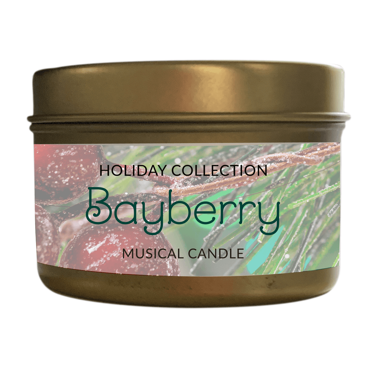A gold tin labeled "Musical Holiday Candle – Bayberry" rests amid bayberries and pine needles, evoking the festive scent and spirit of holiday candles.