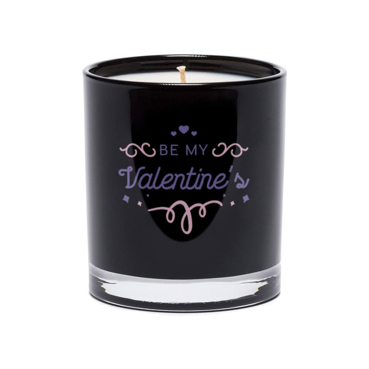 The Be My Valentine’s Quote Candle features a white candle in a black tumbler glass with "Be My Valentine’s" and a romantic quote on the front in decorative lettering.