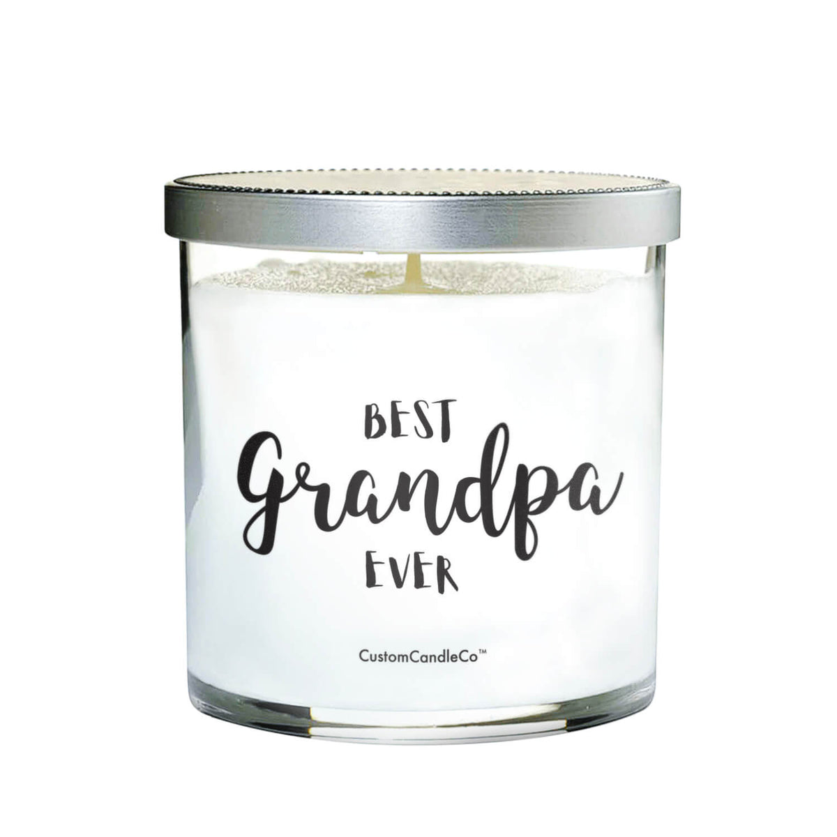 The "Best Grandpa Ever" candle is a natural soy custom candle in a clear glass jar with a silver lid, featuring the message in bold black script font.