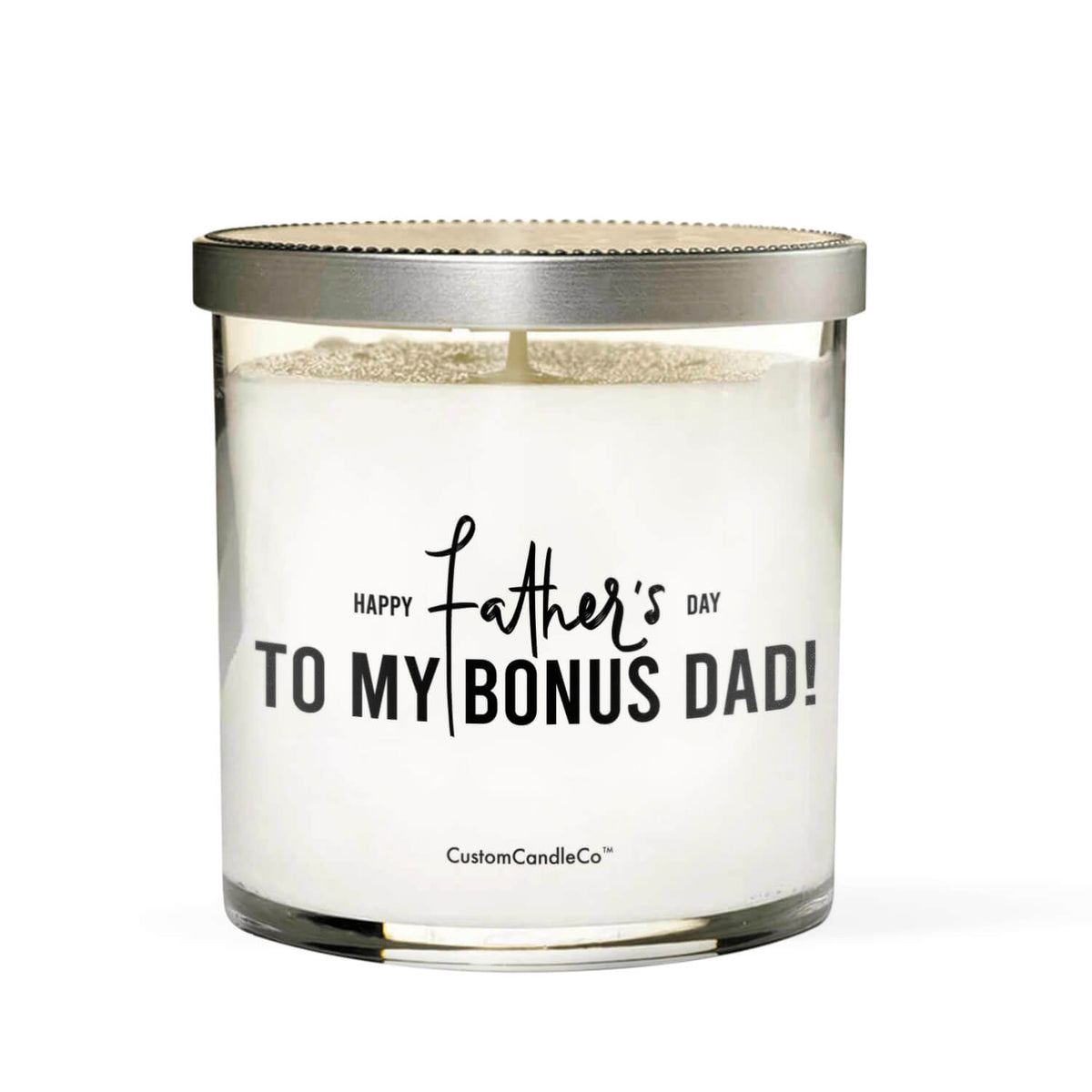 The "To My Bonus Dad!" soy candle comes in a glass jar with a silver lid. The label says, "Happy Father's Day to my bonus dad!" above "CustomCandleCo®"—a thoughtful, custom gift perfect for dad.