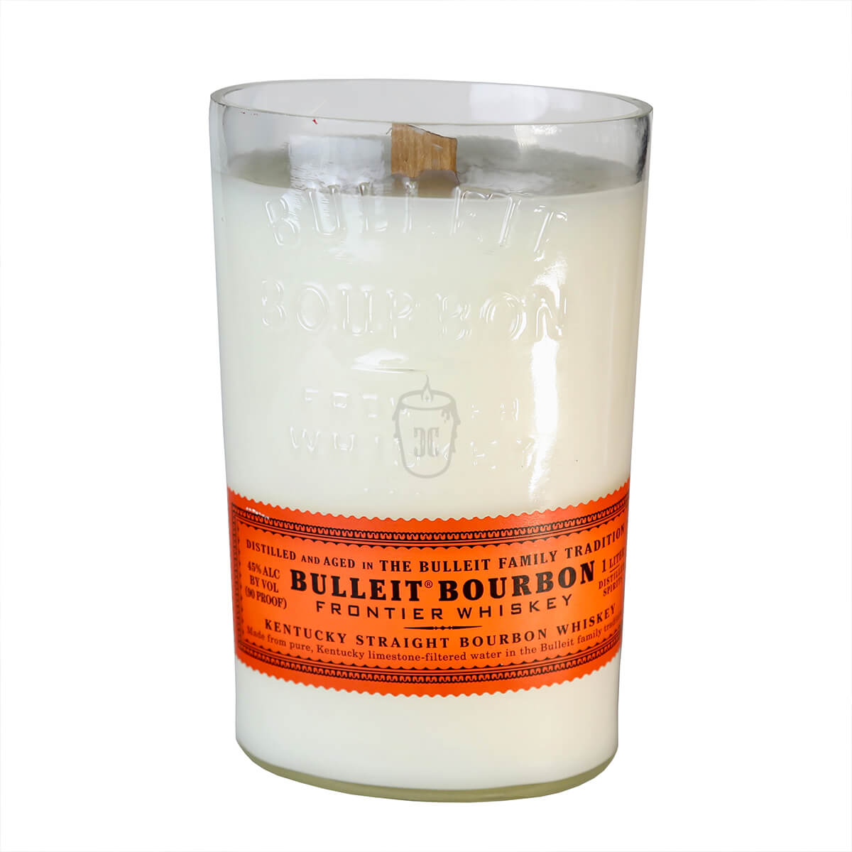 The Recycled Kentucky Bourbon Whiskey Candle features white wax, a wooden wick, and an orange label in a glass container made from an upcycled Bulleit Bourbon bottle.