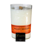 The Recycled Kentucky Bourbon Whiskey Candle features a white bourbon scent in a clear, upcycled whiskey bottle with an orange "Bulleit Bourbon Frontier Whiskey" label and a Custom Candle Co. tag at the base.