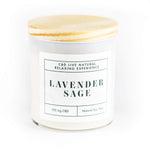 The LAVENDER SAGE Relaxing Aromatherapy Candle 11oz features natural soy wax, 100 mg CBD, and a wooden lid for a soothing experience in a white jar.