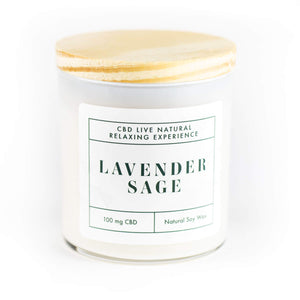 The LAVENDER SAGE Relaxing Aromatherapy Candle 11oz features natural soy wax, 100 mg CBD, and a wooden lid for a soothing experience in a white jar.