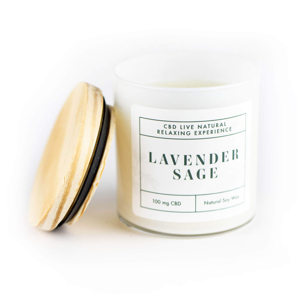The LAVENDER SAGE Relaxing Aromatherapy Candle 11oz is a white candle with a wooden lid, featuring 100 mg CBD, natural soy wax, and offers a soothing CBD aromatherapy experience.