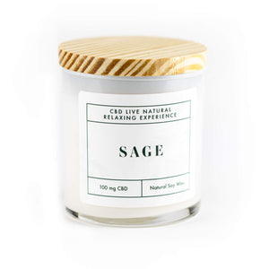 The SAGE Relaxing Aromatherapy Candle 11oz features all-natural soy wax, a wooden lid, and 100mg CBD—ideal for creating a calming atmosphere in any space.