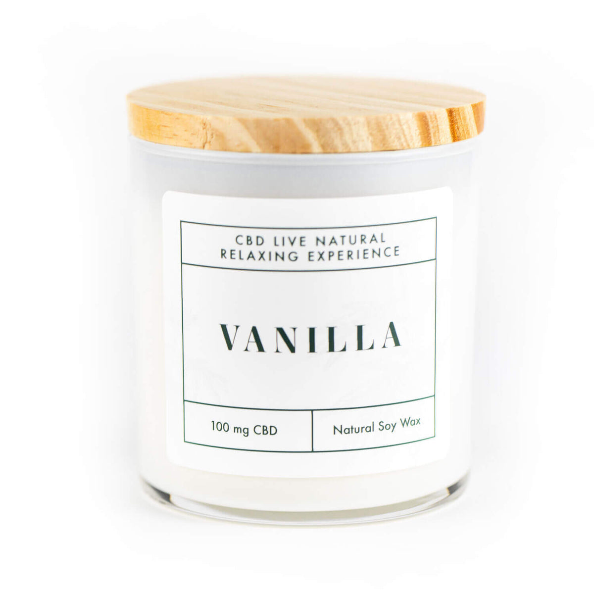 The VANILLA Relaxing Aromatherapy Candle 11oz is a white candle in a glass jar with wooden lid, labeled "Vanilla." Made from natural soy wax and infused with 100mg CBD, it offers a relaxing aromatherapy experience.