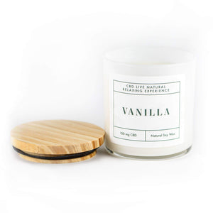 The VANILLA Relaxing Aromatherapy Candle 11oz features a soothing vanilla scent, wooden lid, 100 mg CBD, and natural soy wax—making it the perfect candle for calming aromatherapy moments.