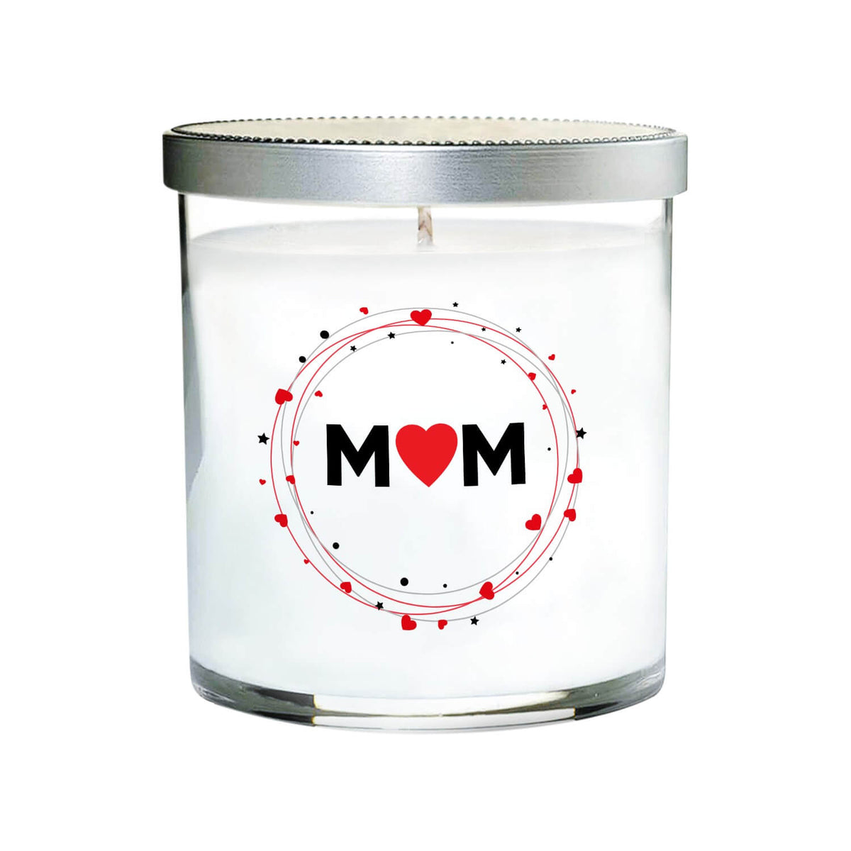 The Mom Quote Candle comes in a clear tumbler glass with a silver lid, featuring "MOM" and a red heart on the front—a hand-poured natural soy candle perfect for gifting.