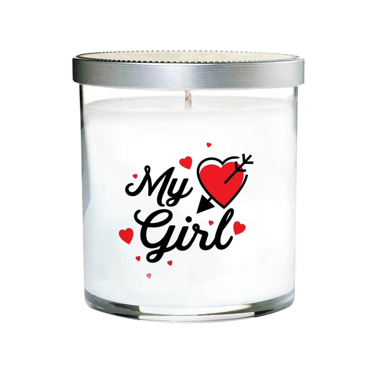 The My Girl Quote Candle is a hand-poured soy candle in a clear tumbler glass with a silver lid, featuring "My Girl" text and red heart graphics on the front.