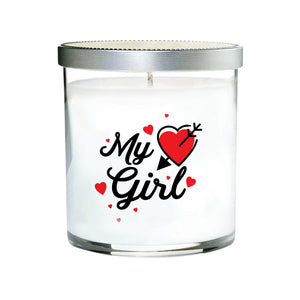 The My Girl Quote Candle is a hand-poured soy candle in a clear tumbler glass with a silver lid, featuring "My Girl" text and red heart graphics on the front.