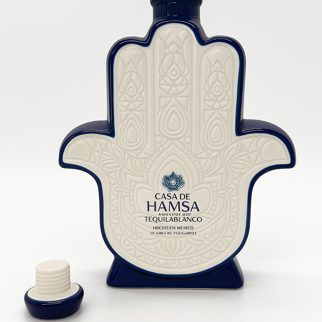 The Recycled Blanco Tequila Candle features a Hamsa hand-shaped bottle with intricate designs, echoing the Casa de Hamsa Tequila Blanco. It stands upright with a matching cap, resembling a distinctive Hamsa hand candle.