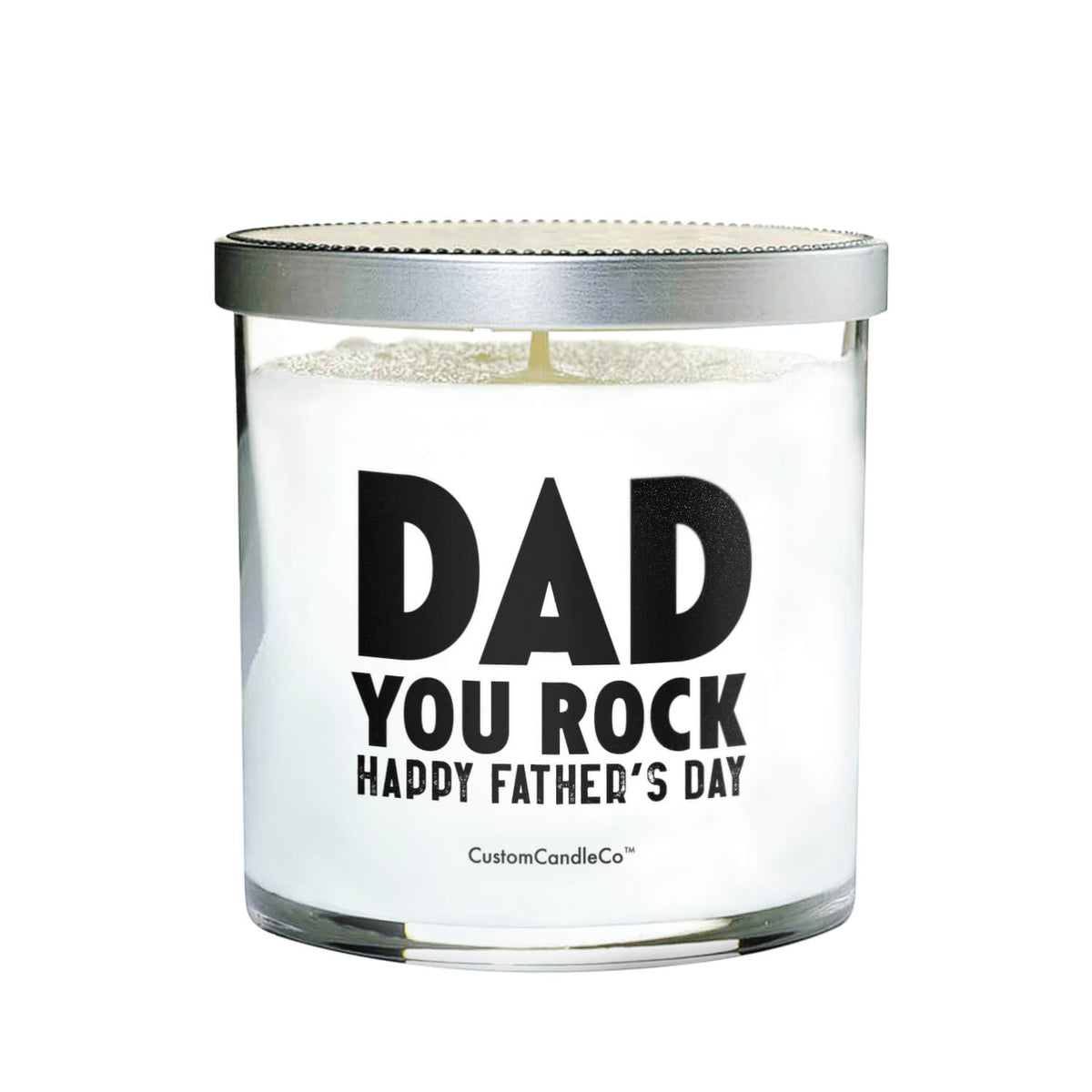 The "Dad You Rock – Happy Father’s Day!" glass candle features white wax and bold text on the front—making it a fun and thoughtful Father’s Day gift.