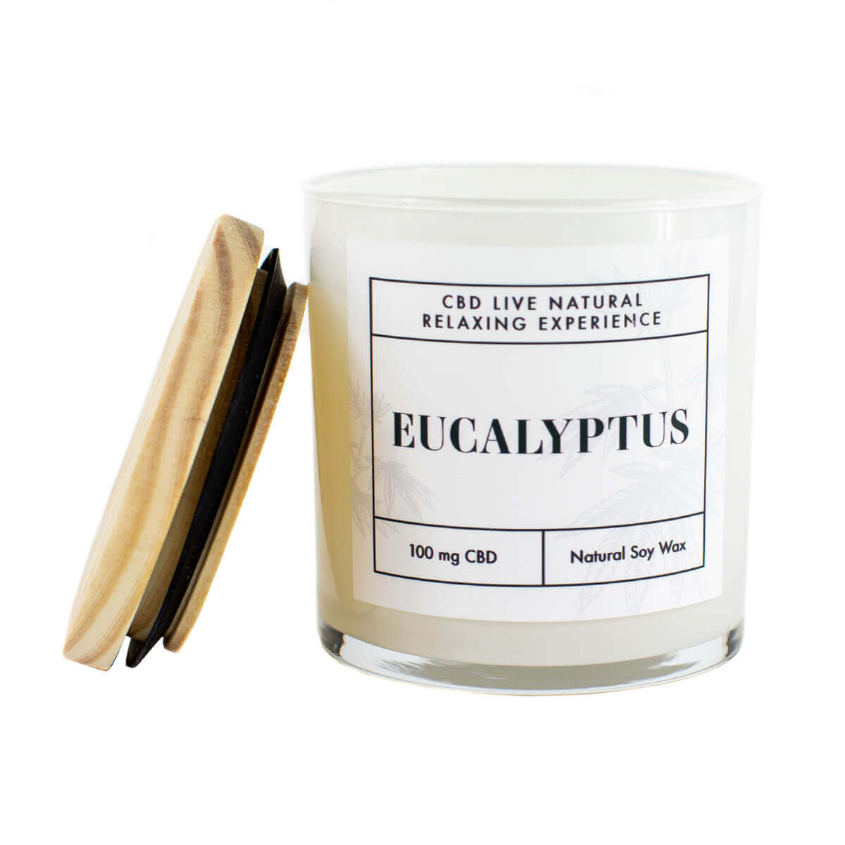 The EUCALYPTUS Relaxing Aromatherapy Candle 11oz features a glass design, wooden lid, 100mg CBD, and natural soy wax—ideal for soothing moments and a relaxing CBD aromatherapy experience.