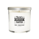 The "Greatest Father" soy candle is a white, natural soy candle in a glass jar featuring the funny quote "World's Greatest Farter, Oops... I Mean Father"—a hilarious and perfect gift for Dad.