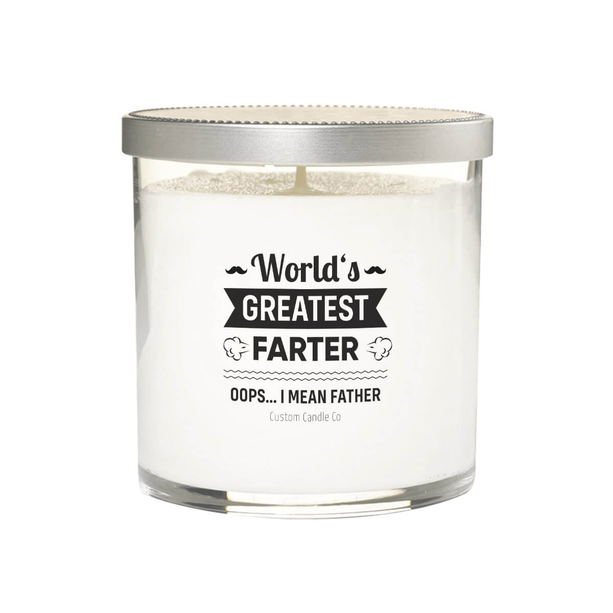 The "Greatest Father" soy candle is a white, natural soy candle in a glass jar featuring the funny quote "World's Greatest Farter, Oops... I Mean Father"—a hilarious and perfect gift for Dad.