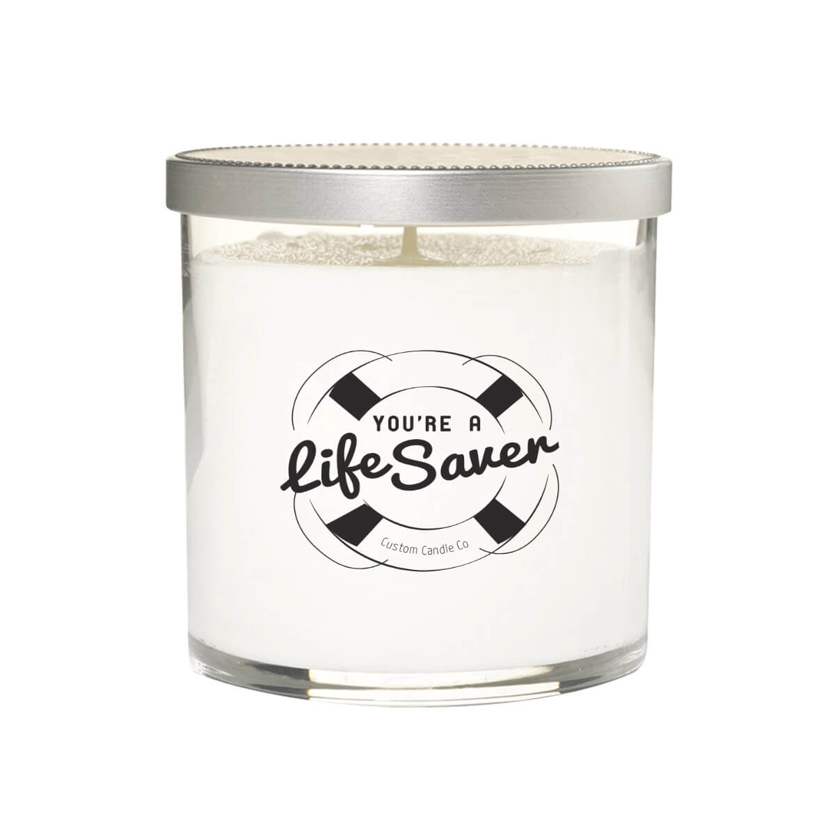 The Life Saver soy candle comes in a clear glass jar with a silver lid and a “You’re a Life Saver” label featuring a life preserver. It’s the perfect custom candle gift for Dad.
