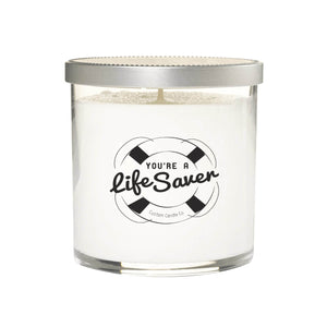 The Life Saver soy candle comes in a clear glass jar with a silver lid and a “You’re a Life Saver” label featuring a life preserver. It’s the perfect custom candle gift for Dad.