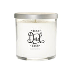 The Best Dad Ever Quote Candle features white soy wax in a clear glass jar with a silver lid. The front label displays "Best Dad Ever Custom Candle Co" in black—an ideal Father’s Day gift.