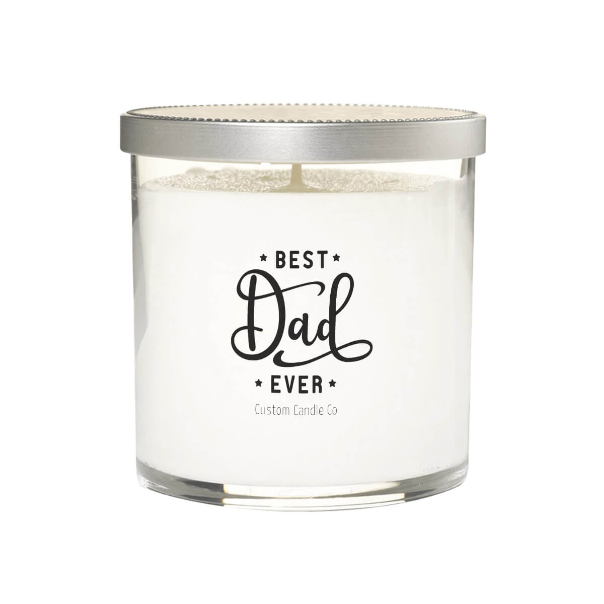 The Best Dad Ever Quote Candle features white soy wax in a clear glass jar with a silver lid. The front label displays "Best Dad Ever Custom Candle Co" in black—an ideal Father’s Day gift.