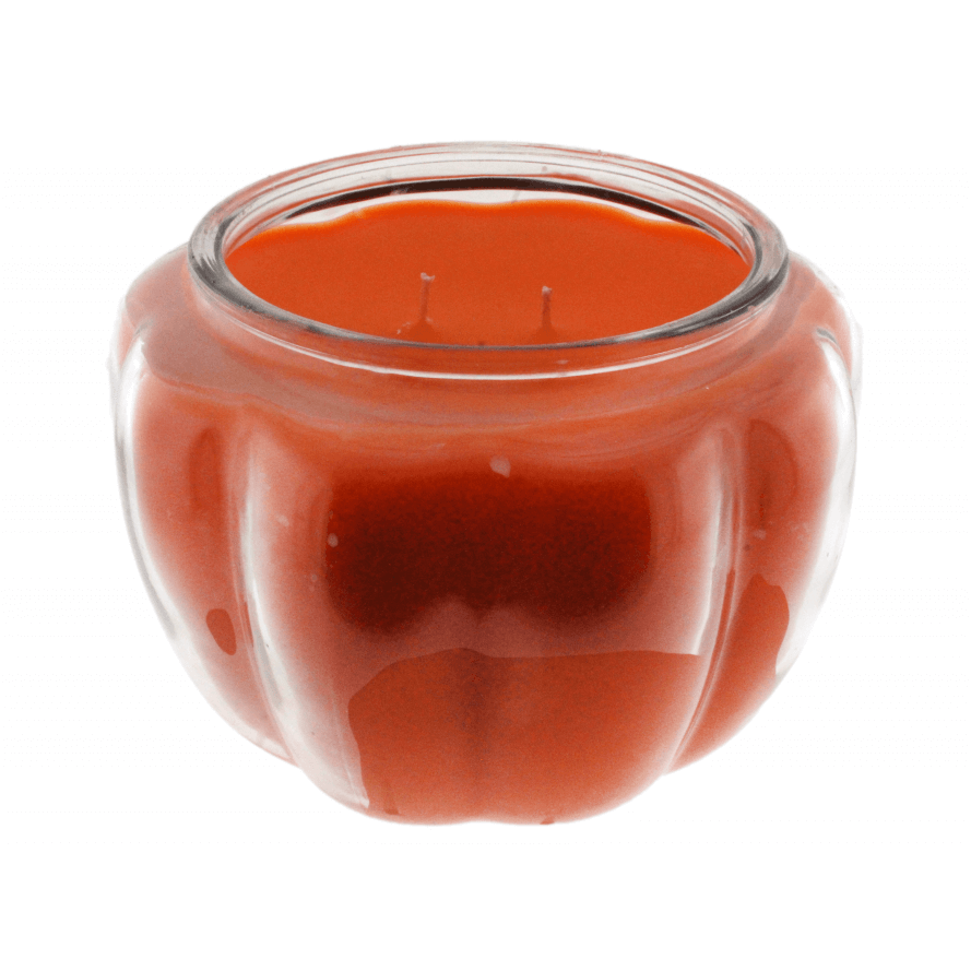 The Glass Pumpkin Pot Candle features orange wax in a grooved glass jar shaped like a pumpkin, making it the perfect soy candle for cozy Halloween decor.