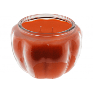 The Glass Pumpkin Pot Candle features orange wax in a grooved glass jar shaped like a pumpkin, making it the perfect soy candle for cozy Halloween decor.
