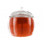 The Glass Pumpkin Pot Candle features a clear pumpkin-shaped glass jar filled with an orange-red Pumpkin Chai Candle and topped with a matching lid—perfect for adding cozy Halloween vibes.