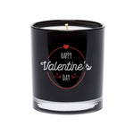 The Happy Valentine’s Day Quote Candle comes in a black tumbler glass with "Happy Valentine's Day" in white and red—ideal for showcasing your favorite soy candle.