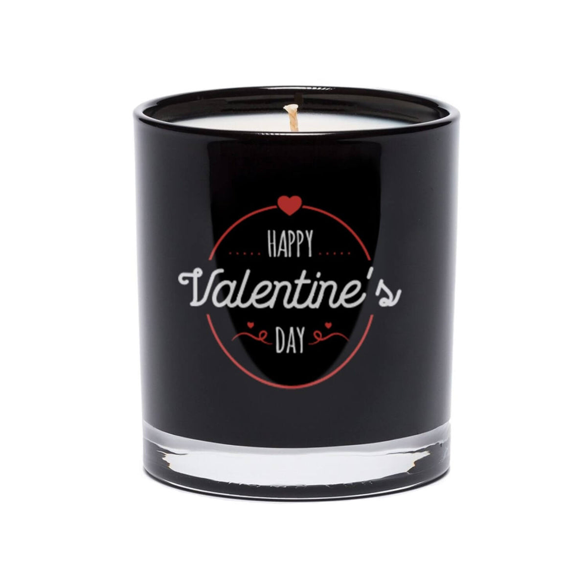 The Happy Valentine’s Day Quote Candle comes in a black tumbler glass with "Happy Valentine's Day" in white and red—ideal for showcasing your favorite soy candle.