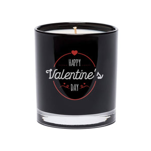 The Happy Valentine’s Day Quote Candle comes in a black tumbler glass with "Happy Valentine's Day" in white and red—ideal for showcasing your favorite soy candle.